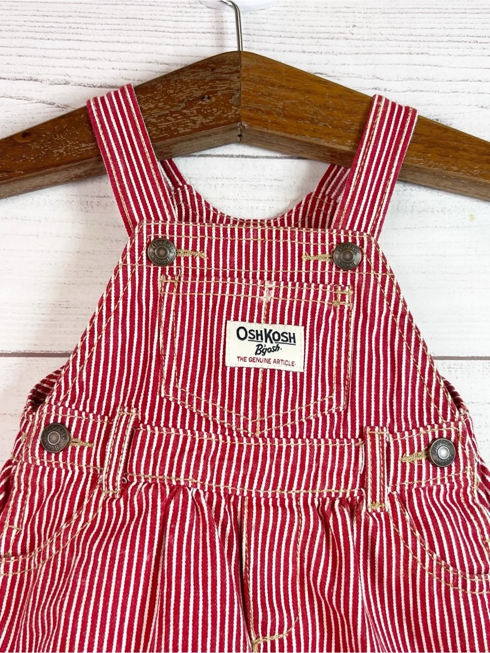 Oshkosh B’Gosh Overall Dress Striped Red White Pinstripe Size 12M Preppy Classic